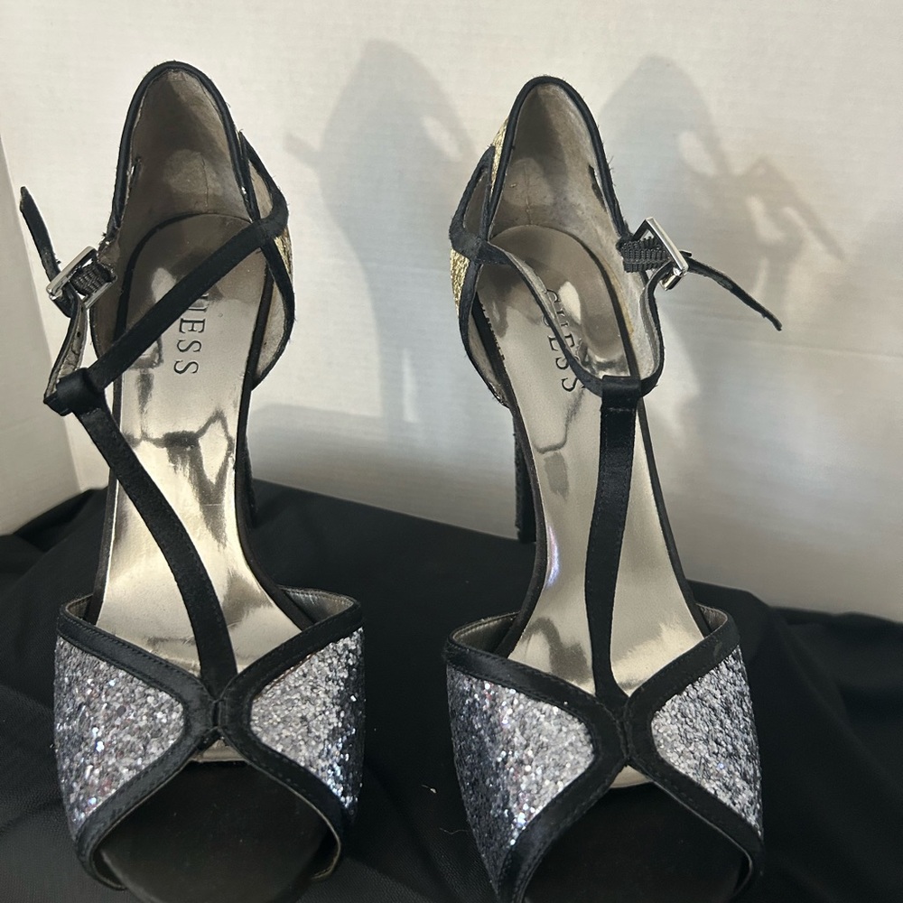 Guess Black and Silver Stiletto Heels with Ankle Straps